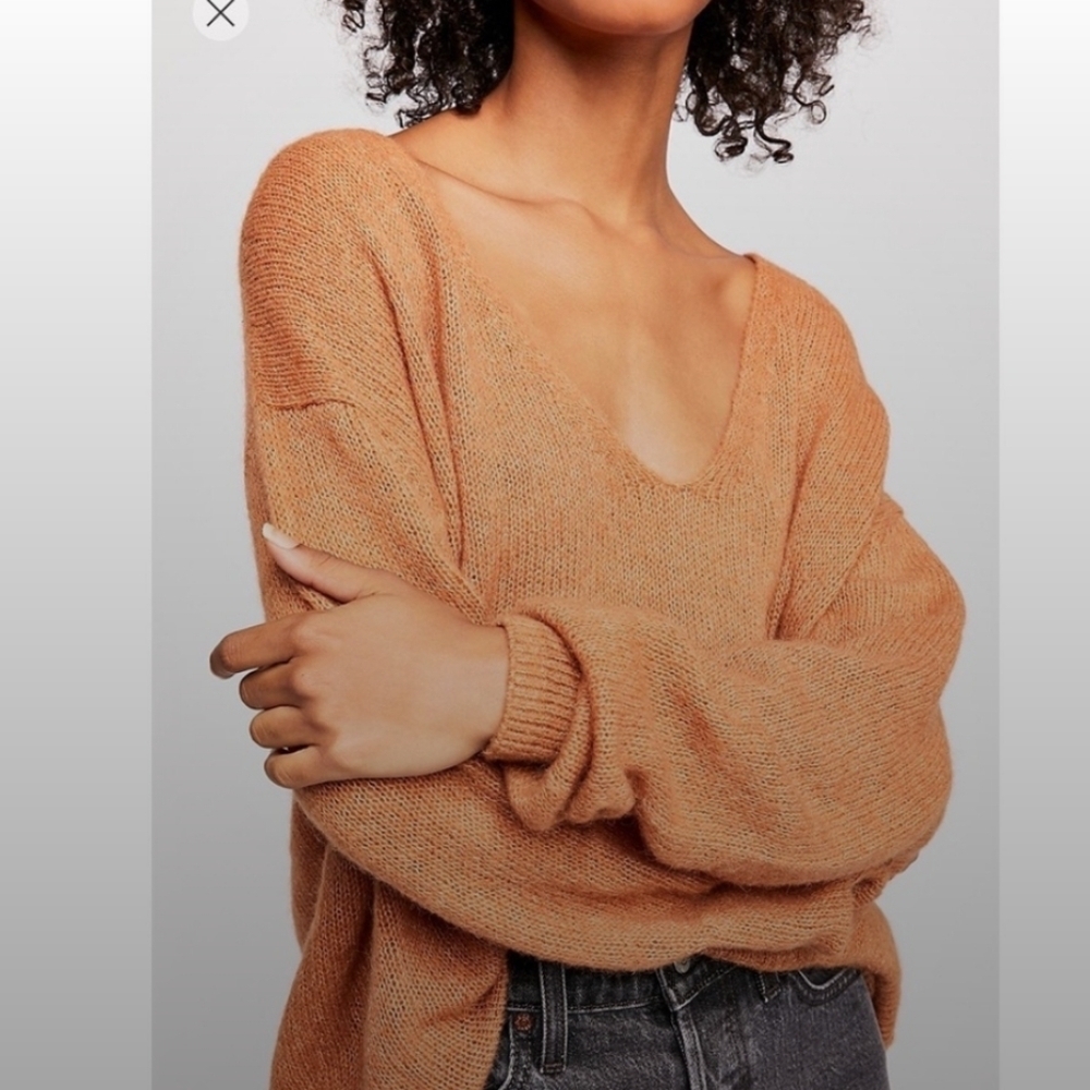 Free People Wool Alpaca Blend V Neck Slouchy Cozy Neutral Layering Pullover